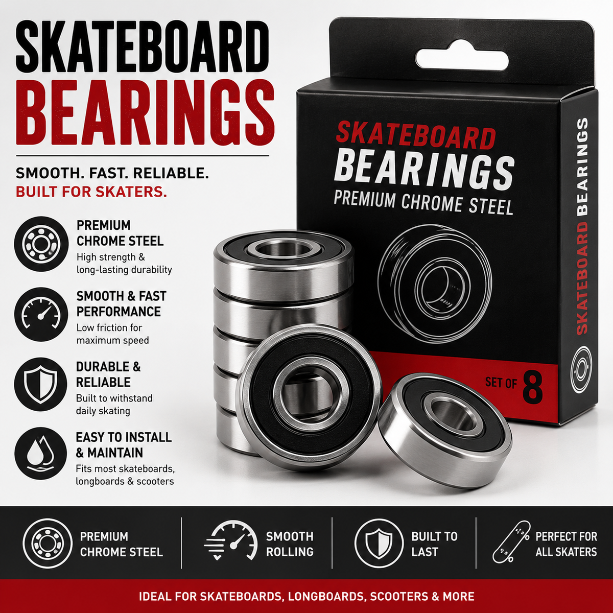 Premium Chrome Steel Skateboard Bearings – Smooth & Durable Performance