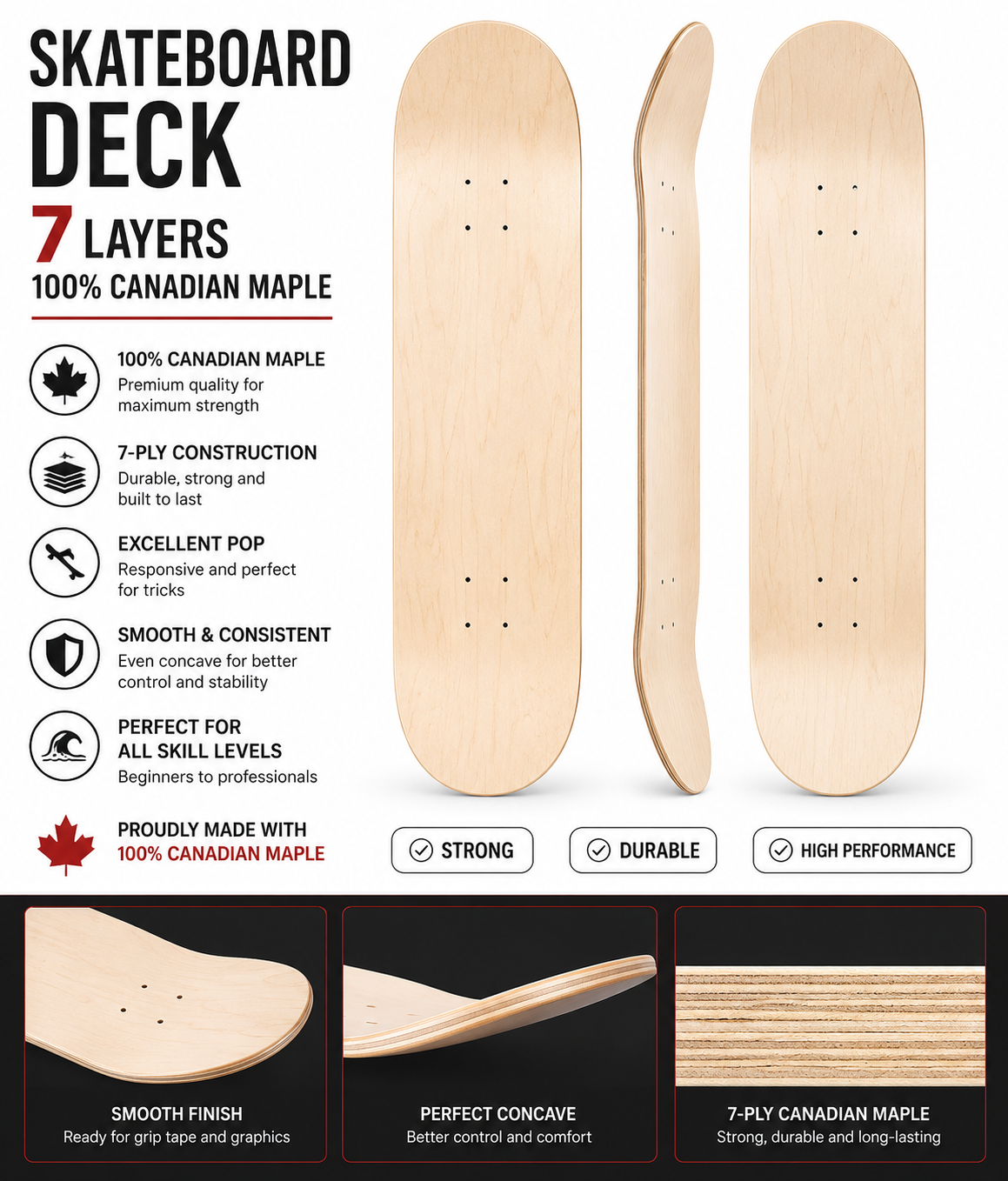 7-Layer 100% Canadian Maple Skateboard Deck – Professional 7-Ply Skateboard Deck
